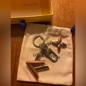 Louis Vuitton Rose Gold tone and Silver tone Logo and Fleur Keyring or Bag Charm